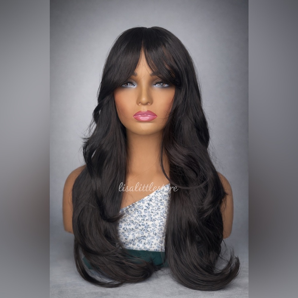 Dark Brown Long Layered Wig with Curtain Bangs – Natural Soft Waves